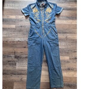 Manly Western Embroidered Denim Jumpsuit Blue Gold Floral Boho Medium